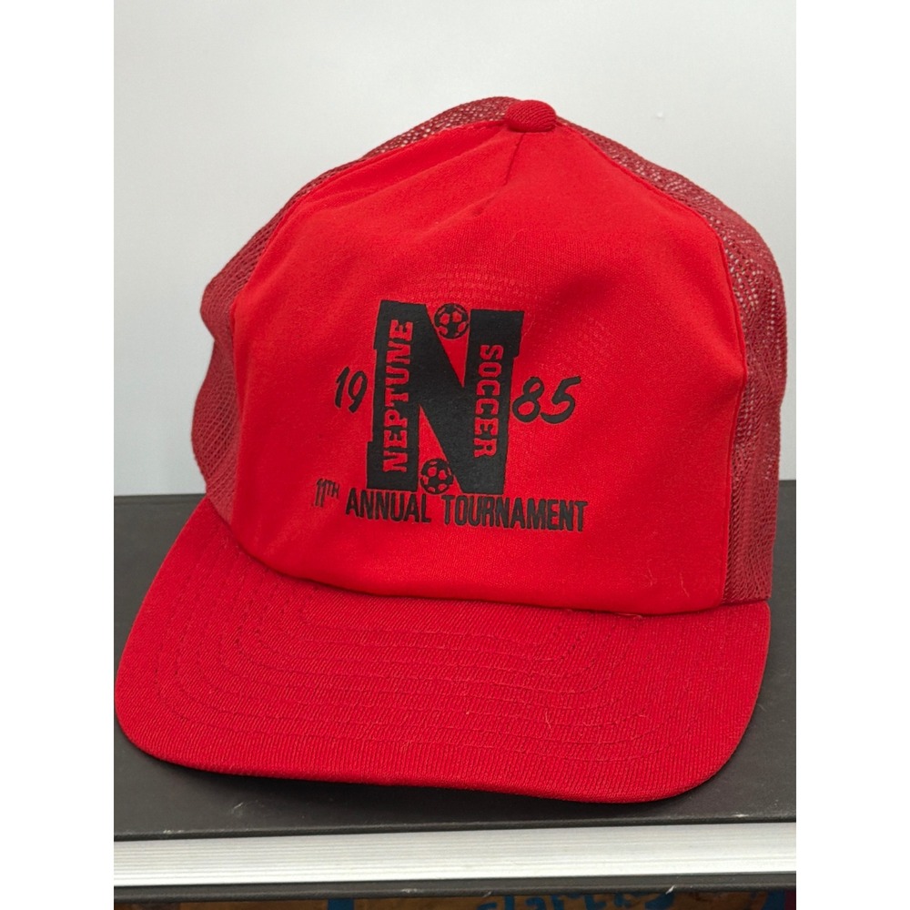 Vintage 1985 Neptune Soccer Tournament Trucker Hat Red US Cap Inc Made in USA